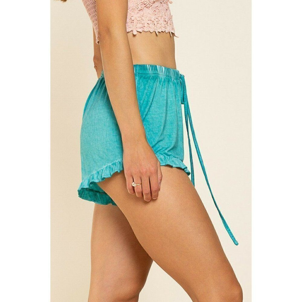 SALE! POL CLOTHING Aqua Acid Wash Ruffle Comfy Shorts Spring Summer New - Picture 3 of 4